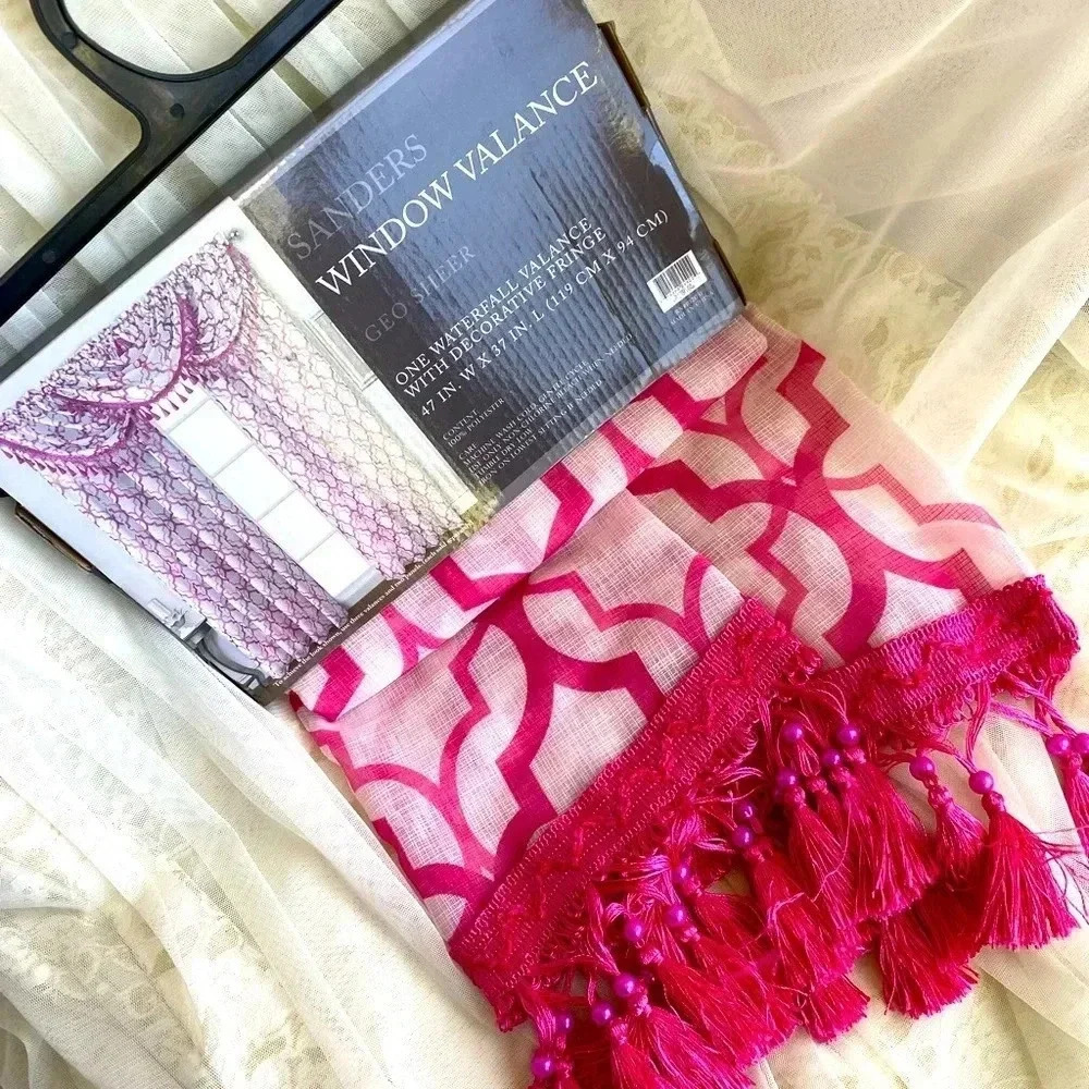Sanders Window Waterfall Pink & White Valance Geo Sheer with Decorative Fringes